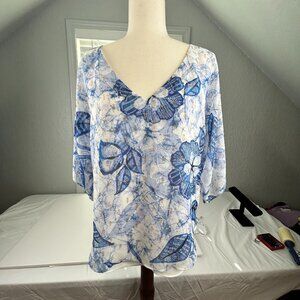 White House Black Market Blue & White Kimono Sleeve Blouse Small Petite